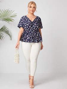 Plus Allover Floral Print Peplum Blouse