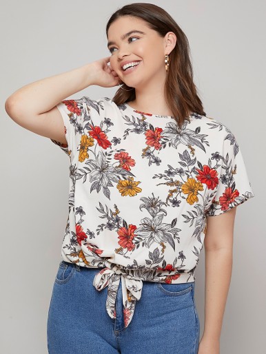 SHEIN Plus Tie Hem Floral Top