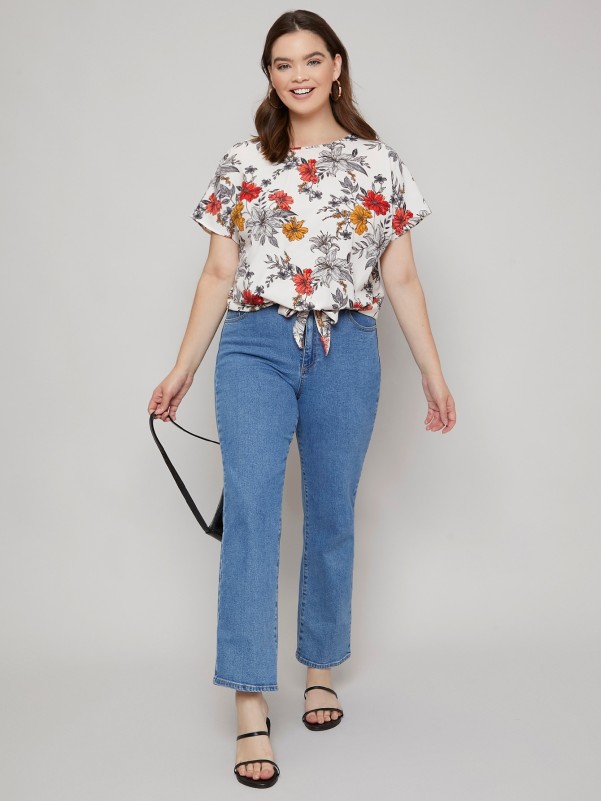 SHEIN Plus Tie Hem Floral Top