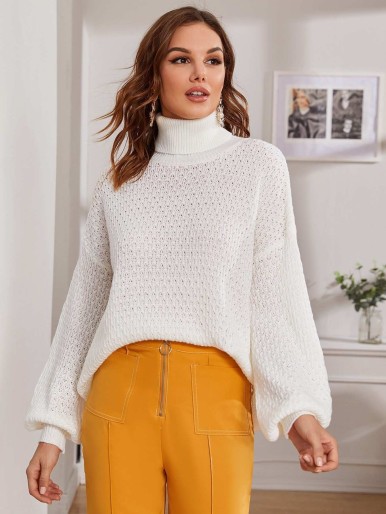 High Neck Drop Shoulder Pointelle Knit Sweater