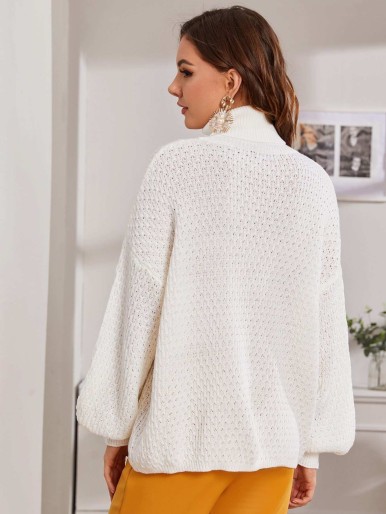 High Neck Drop Shoulder Pointelle Knit Sweater