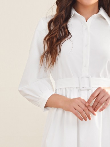 SHEIN Lantern Sleeve Single Breasted Belted Shirt Dress