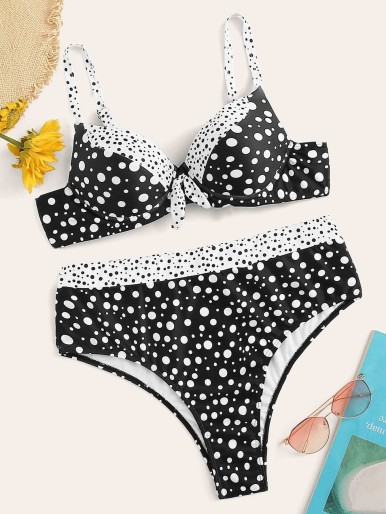 Plus Dot Print Lace Up Knot Bikini Set