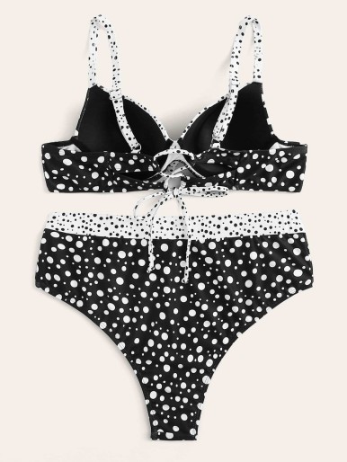 Plus Dot Print Lace Up Knot Bikini Set