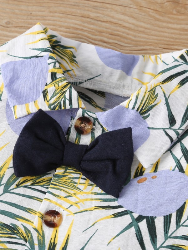 Baby Boy Leaf Bow Neck Shirt Romper