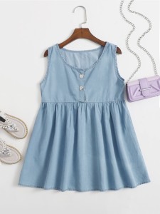 Girls Solid Half Button Denim Dress