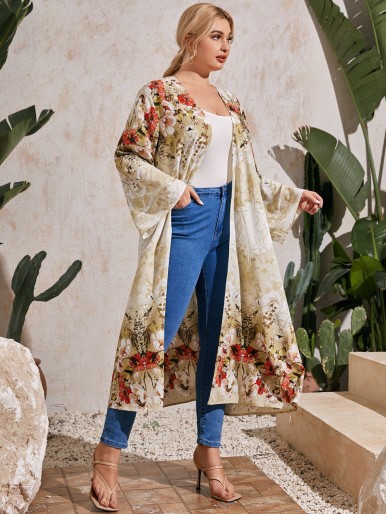 SHEIN Plus Bell Sleeve Open Front Floral Print Kimono