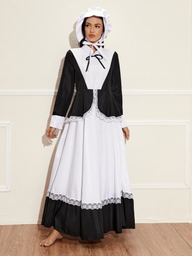 Lace Trim Maid Costume Dress With Hat