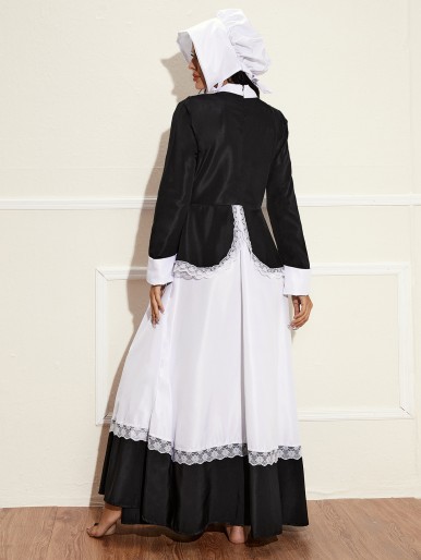 Lace Trim Maid Costume Dress With Hat