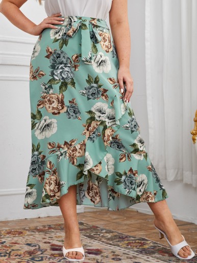 SHEIN Plus Asymmetrical Ruffle Hem Belted Floral Skirt