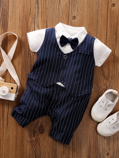 Yierying Baby Boy Bow Detail Striped Button Front Romper