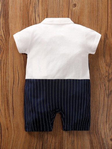 Yierying Baby Boy Bow Detail Striped Button Front Romper