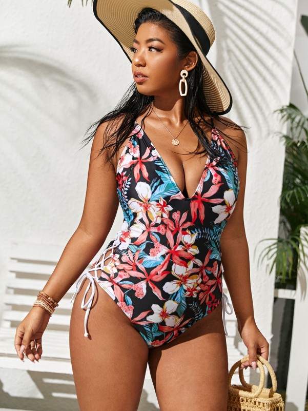 Plus Floral Lace-up Side One Piece Swimsuit