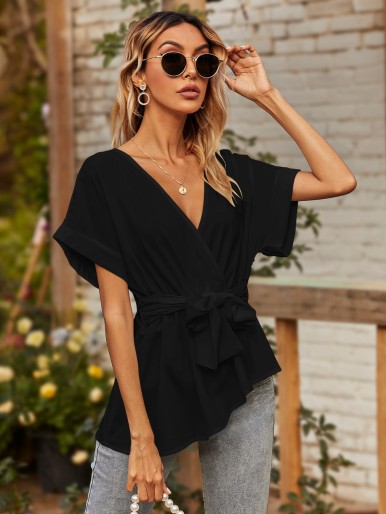 Surplice Front Batwing Sleeve Tie Front Blouse