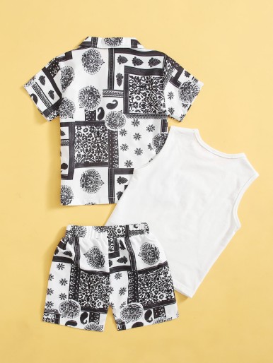 Toddler Boys 3pcs Scarf Print Shirt & Tank Top & Shorts