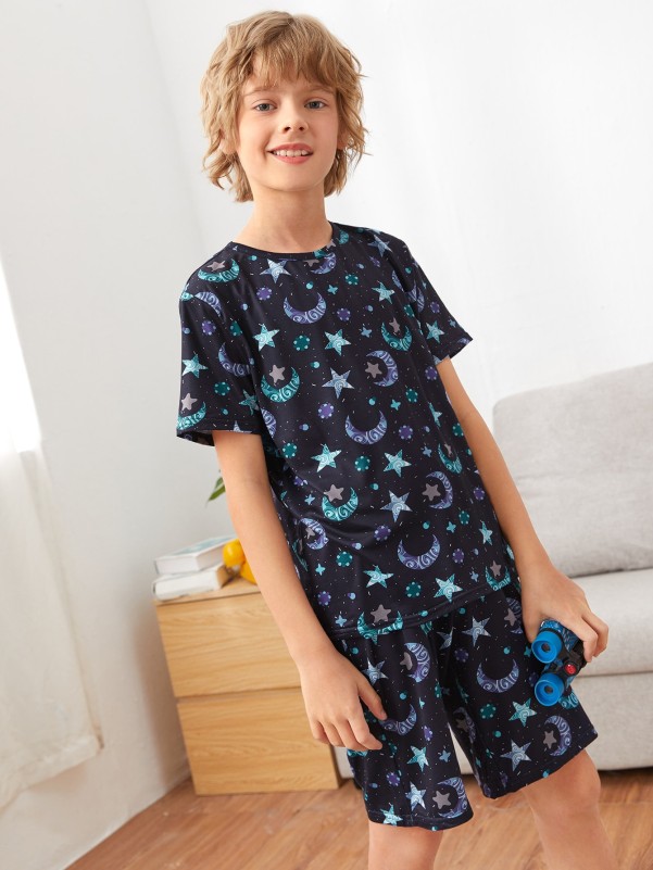 SHEIN Boys Galaxy Print Tee & Track Shorts PJ Set