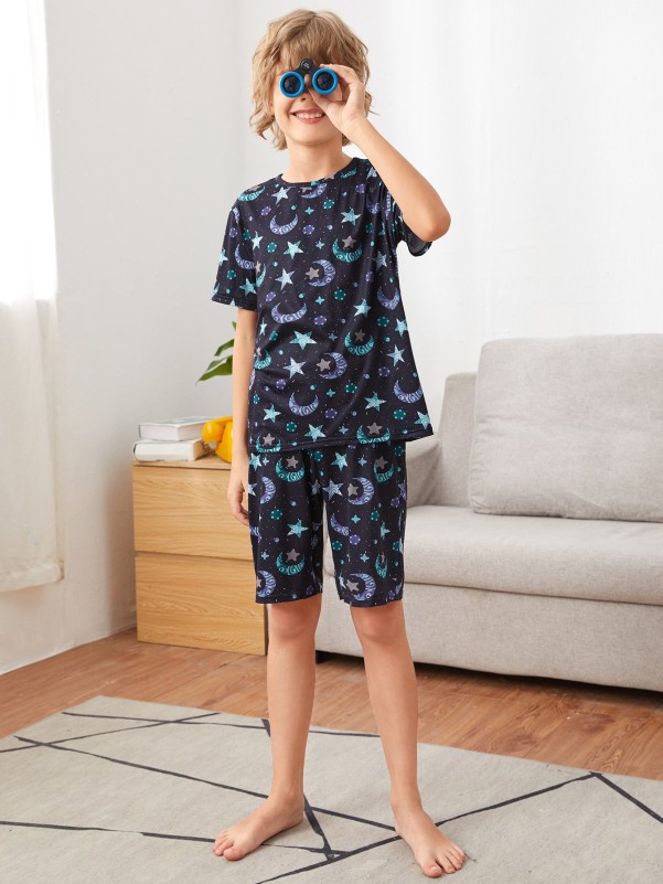 SHEIN Boys Galaxy Print Tee & Track Shorts PJ Set