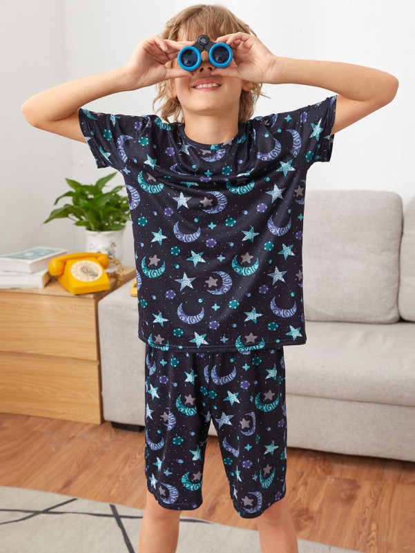 SHEIN Boys Galaxy Print Tee & Track Shorts PJ Set