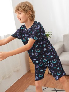 SHEIN Boys Galaxy Print Tee & Track Shorts PJ Set