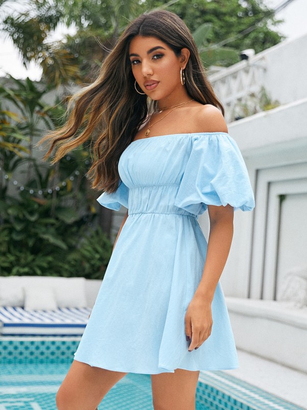 SHEIN Off Shoulder Puff Sleeve Ruched Waist Dress