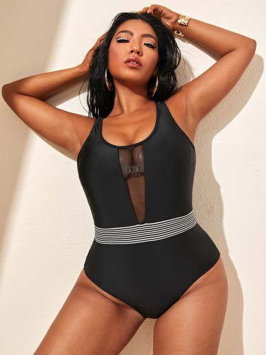 Plus Striped Pattern Contrast Mesh One Piece Swimsuit