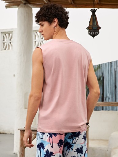 Men Letter And Tropical Print Tank Top