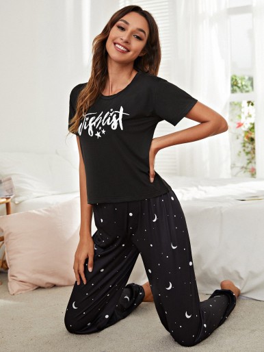 Letter & Galaxy Print Pajama Set