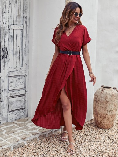 Solid Self Tie Wrap Dress Without Leather Belt
