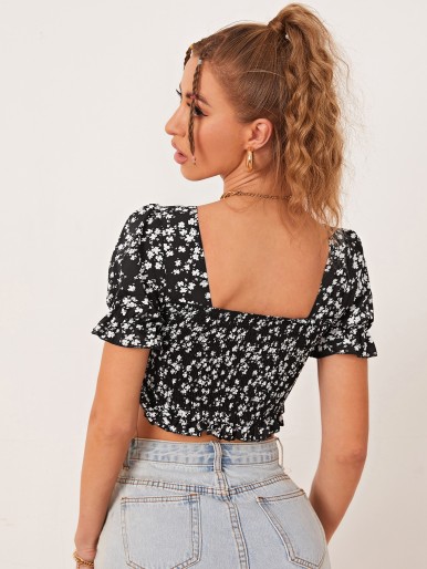 SHEIN Ditsy Floral Puff Sleeve Drawstring Knot Shirred Crop Top