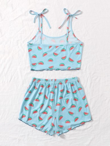 Watermelon Print Knot-straps Pajama Set