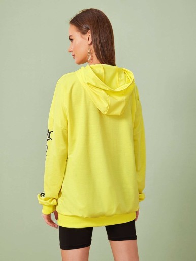 Neon Yellow Letter Graphic Drawstring Longline Hoodie
