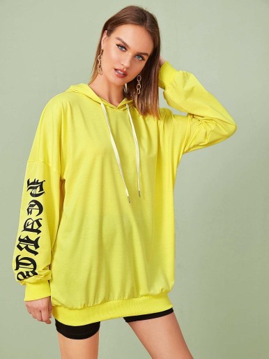 Neon Yellow Letter Graphic Drawstring Longline Hoodie