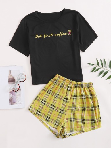 Slogan & Plaid Print Pajama Set