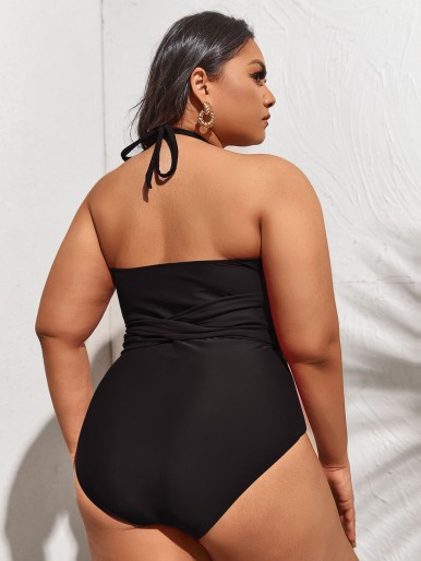 Plus Knot Front Halter One Piece Swimsuit