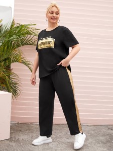 SHEIN Plus Metallic Panel Slogan Graphic Top & Pants Set