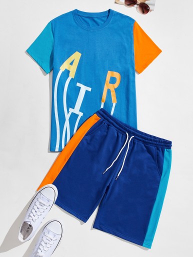 Men Colorblock Letter Graphic Tee With Drawstring Waist Track Shorts