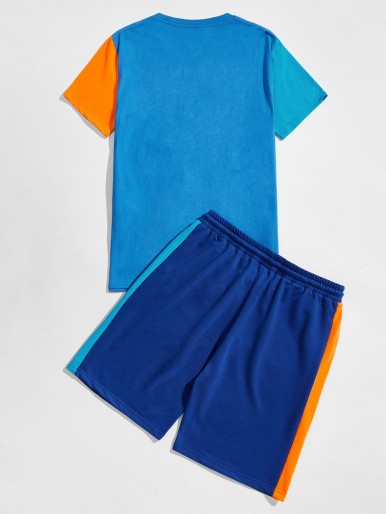 Men Colorblock Letter Graphic Tee With Drawstring Waist Track Shorts