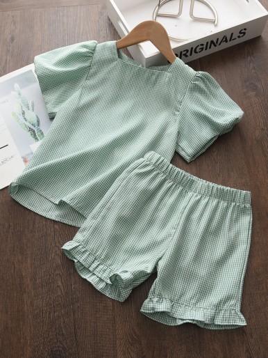 Toddler Girls Gingham Puff Sleeve Top & Ruffle Hem Shorts
