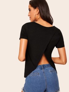 Wrap Back Rib-knit Solid Tee