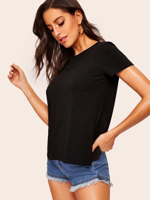 Wrap Back Rib-knit Solid Tee