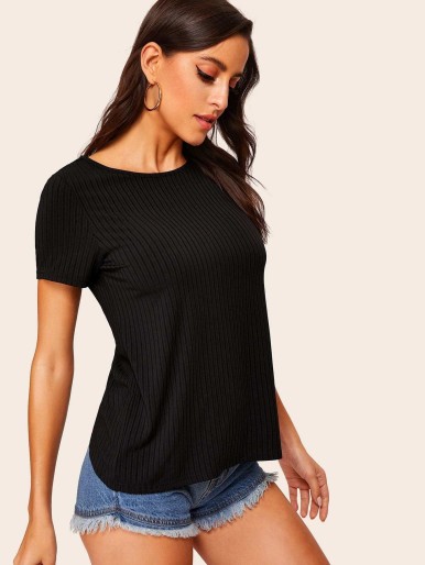 Wrap Back Rib-knit Solid Tee