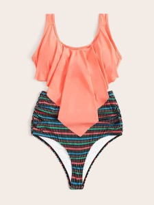 Handkerchief Hem Top With High Waisted Bikini Set