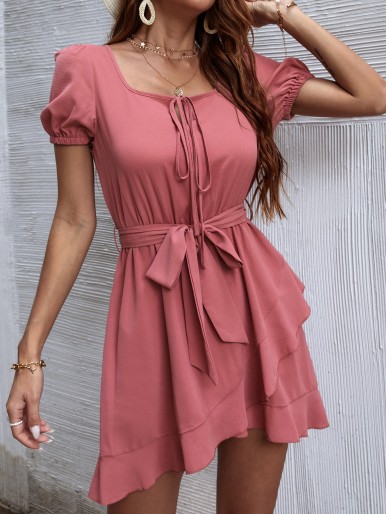 Square Neck Ruffle Hem Belted Dress