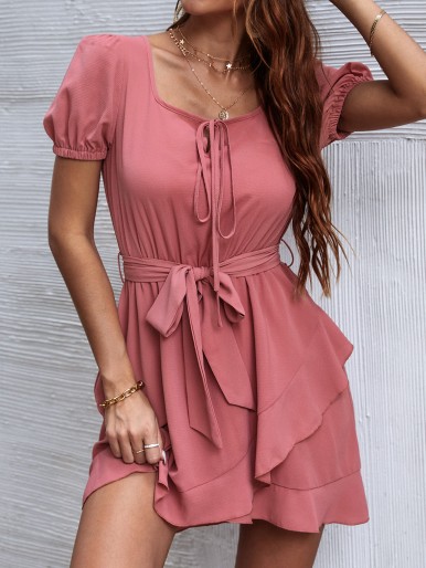 Square Neck Ruffle Hem Belted Dress