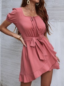 Square Neck Ruffle Hem Belted Dress