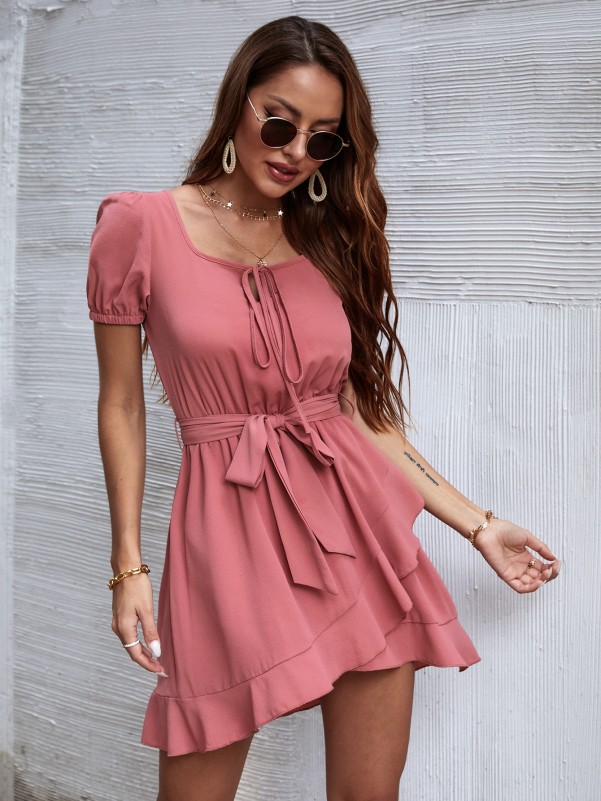 Square Neck Ruffle Hem Belted Dress