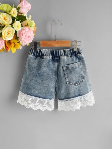 Toddler Girls Contrast Lace Denim Shorts