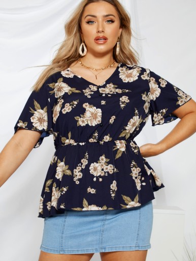 Plus Allover Floral Babydoll Blouse
