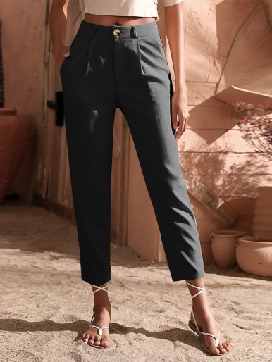 Solid Fold Pleat Tailored Pants