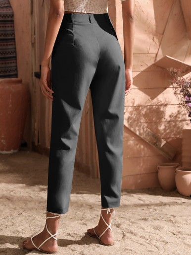 Solid Fold Pleat Tailored Pants
